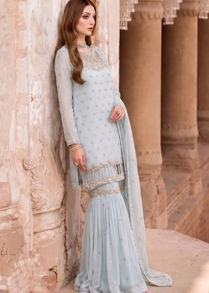 Aabshaar Light Blue Bemberg Crinkle Chiffon Embroidered Kurti Gharara Suit Ready to Wear Pakistani Festive Party Wear Women's Outfit