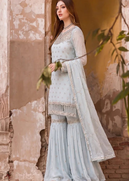 Aabshaar Light Blue Bemberg Crinkle Chiffon Embroidered Kurti Gharara Suit Ready to Wear Pakistani Festive Party Wear Women's Outfit