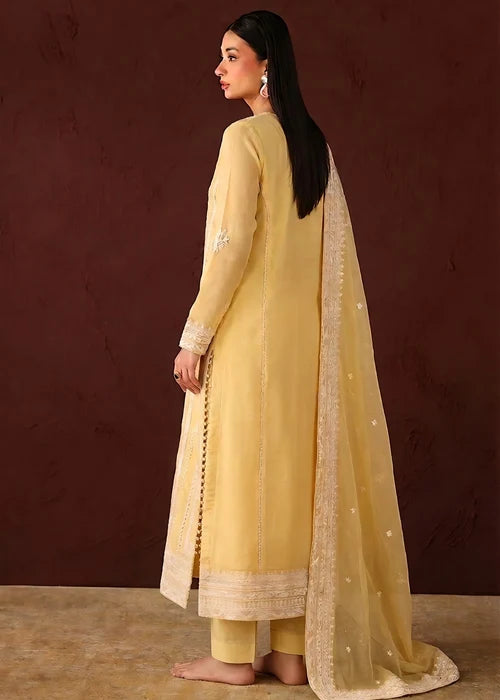 Gulrukh Light Yellow Embroidered Chiffon Long Kurta Suit Ready to Wear Pakistani Festive Party Wear Women's Outfit