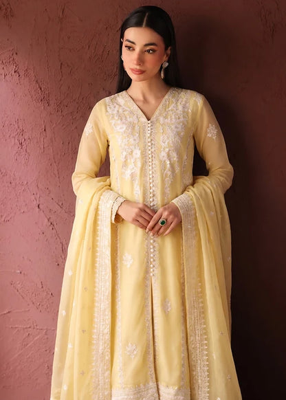 Gulrukh Light Yellow Embroidered Chiffon Long Kurta Suit Ready to Wear Pakistani Festive Party Wear Women's Outfit