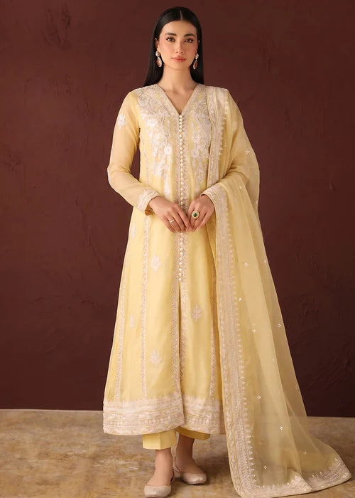 Gulrukh Light Yellow Embroidered Chiffon Long Kurta Suit Ready to Wear Pakistani Festive Party Wear Women's Outfit