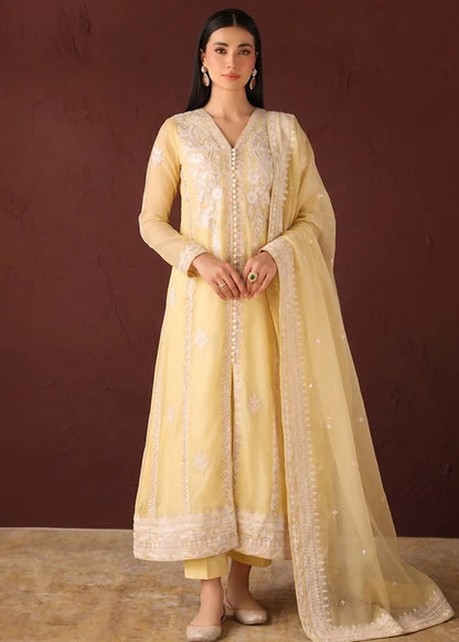 Gulrukh Light Yellow Embroidered Chiffon Long Kurta Suit Ready to Wear Pakistani Festive Party Wear Women's Outfit