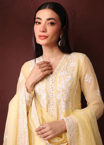 Gulrukh Light Yellow Embroidered Chiffon Long Kurta Suit Ready to Wear Pakistani Festive Party Wear Women's Outfit