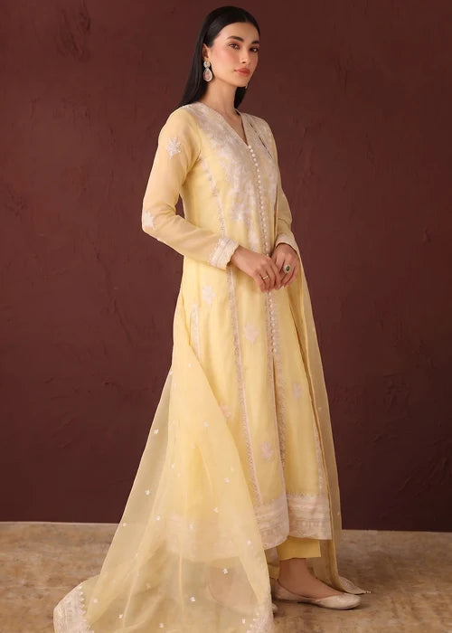 Gulrukh Light Yellow Embroidered Chiffon Long Kurta Suit Ready to Wear Pakistani Festive Party Wear Women's Outfit