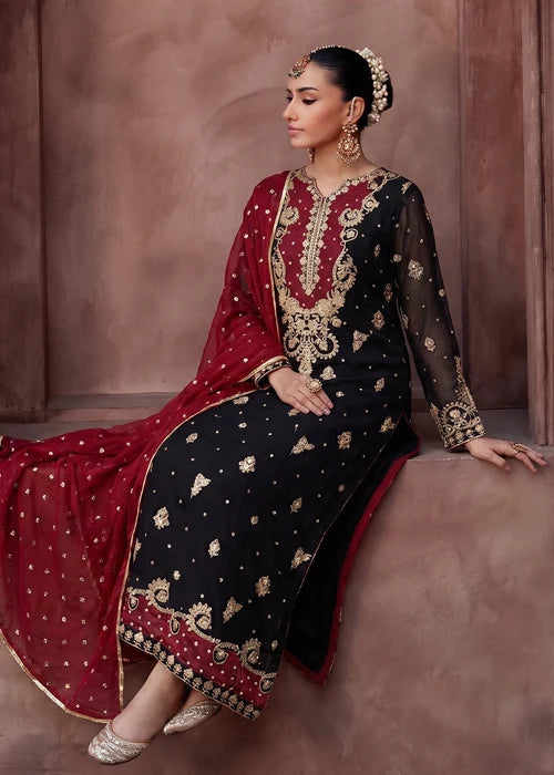 Gul E Zeenat Luxury Black Embroidered Chiffon Straight Cut Kurta Set Ready to Wear Pakistani Women's Outfit