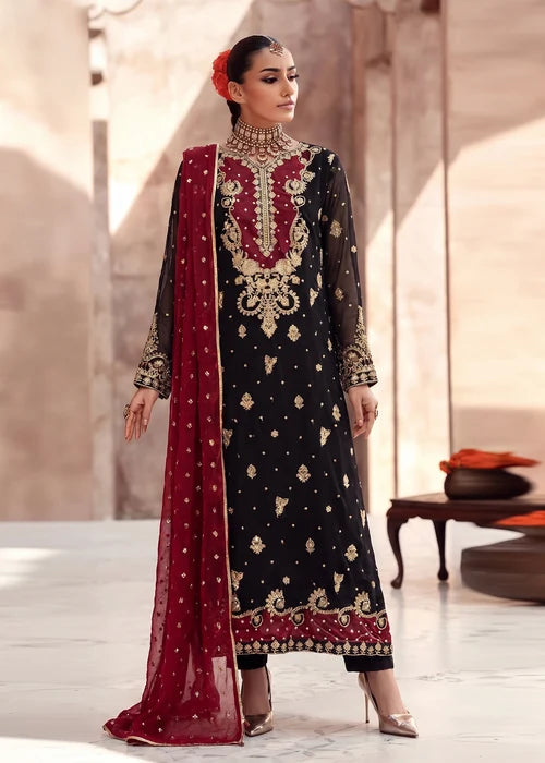 Gul E Zeenat Luxury Black Embroidered Chiffon Straight Cut Kurta Set Ready to Wear Pakistani Women's Outfit
