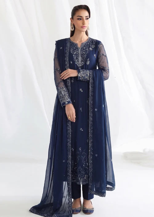 Neelam Afsana Navy Blue Chiffon Embroidered Straight Cut Kurta Suit Ready to Wear Pakistani Festive Party Wear Women's Outfit
