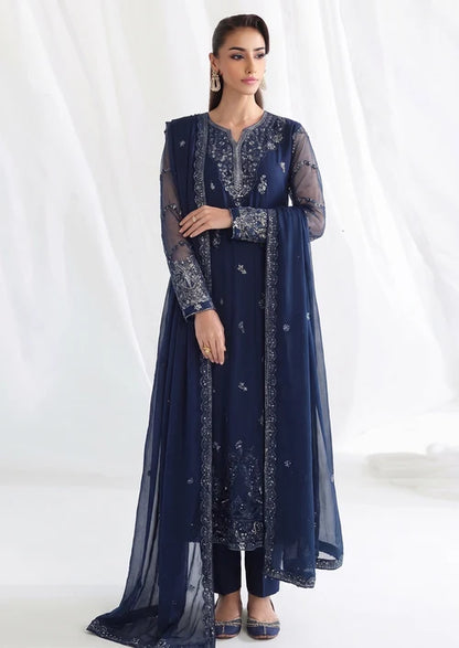 Neelam Afsana Navy Blue Chiffon Embroidered Straight Cut Kurta Suit Ready to Wear Pakistani Festive Party Wear Women's Outfit
