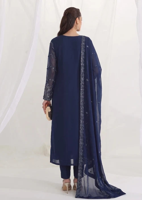 Neelam Afsana Navy Blue Chiffon Embroidered Straight Cut Kurta Suit Ready to Wear Pakistani Festive Party Wear Women's Outfit