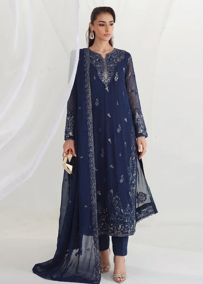Neelam Afsana Navy Blue Chiffon Embroidered Straight Cut Kurta Suit Ready to Wear Pakistani Festive Party Wear Women's Outfit