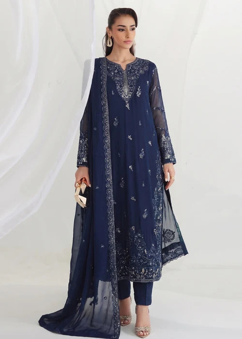 Neelam Afsana Navy Blue Chiffon Embroidered Straight Cut 3 piece Kurta Suit Ready to Wear Pakistani Festive Party Wear Women's Outfit - Shirt length 47-48”