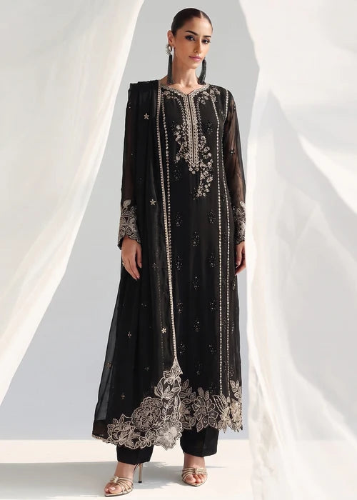 Gulnaar Zeba Black Chiffon Embroidered Straight Cut Kurta Suit Ready to Wear Pakistani Festive Party Wear Women's Outfit