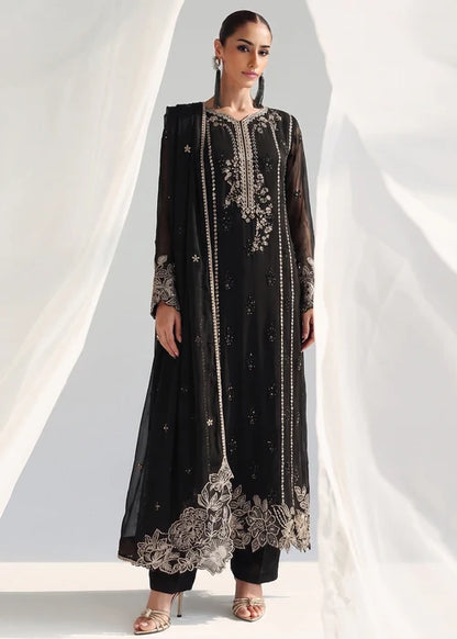Gulnaar Zeba Black Chiffon Embroidered Straight Cut Kurta Suit Ready to Wear Pakistani Festive Party Wear Women's Outfit