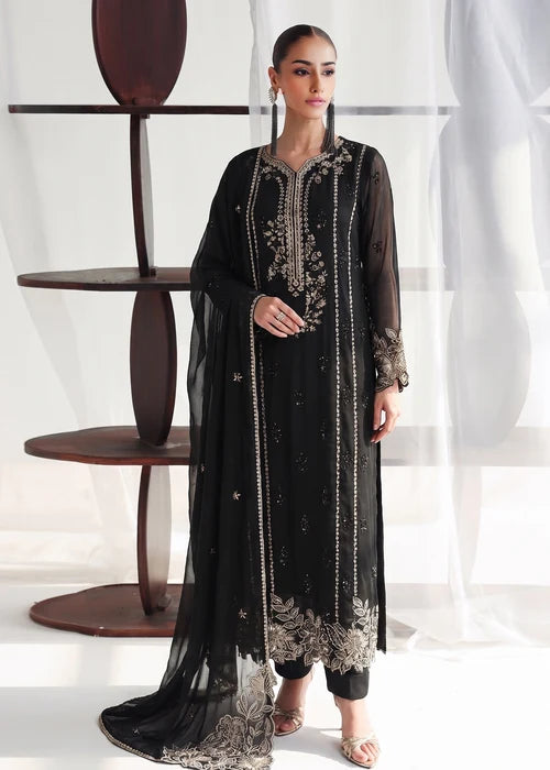Gulnaar Zeba Black Chiffon Embroidered Straight Cut Kurta Suit Ready to Wear Pakistani Festive Party Wear Women's Outfit