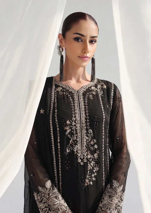 Gulnaar Zeba Black Chiffon Embroidered Straight Cut Kurta Suit Ready to Wear Pakistani Festive Party Wear Women's Outfit