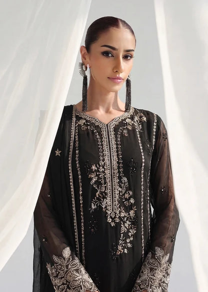 Gulnaar Zeba Black Chiffon Embroidered Straight Cut Kurta Suit Ready to Wear Pakistani Festive Party Wear Women's Outfit