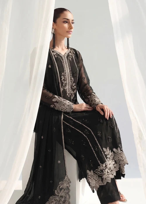 Gulnaar Zeba Black Chiffon Embroidered Straight Cut Kurta Suit Ready to Wear Pakistani Festive Party Wear Women's Outfit