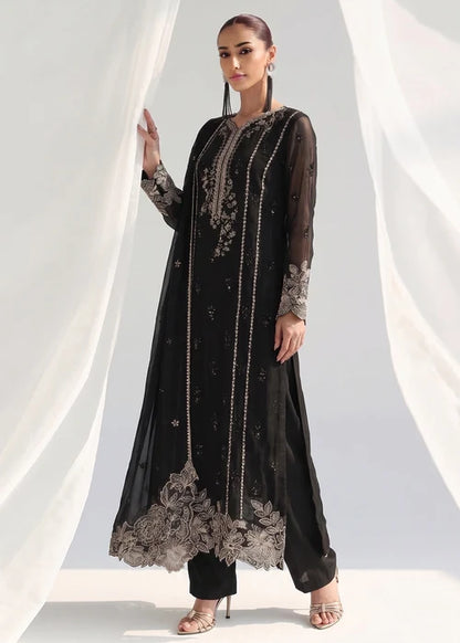 Gulnaar Zeba Black Chiffon Embroidered Straight Cut Kurta Suit Ready to Wear Pakistani Festive Party Wear Women's Outfit
