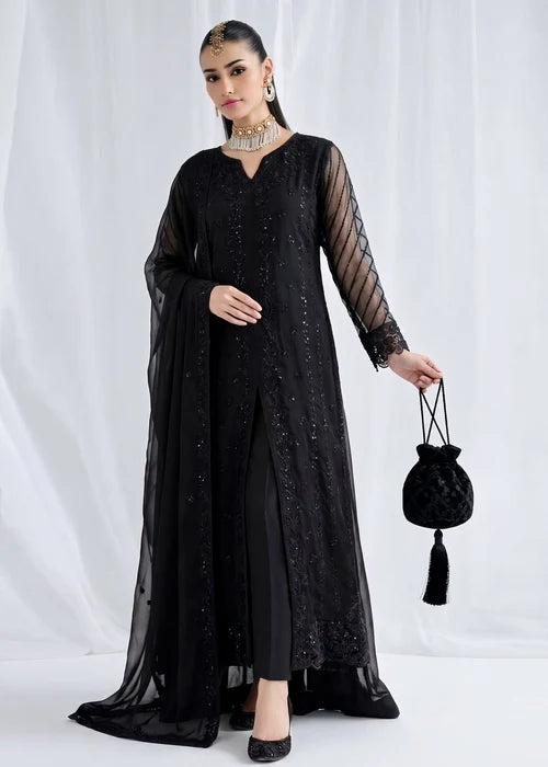 Shab-e-Zareen Black Chiffon Embroidered 3 Piece Straight Kurta Suit Ready to Wear Pakistani Festive Party Wear Women's Outfit