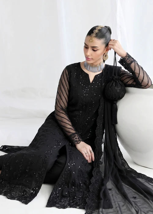 Shab-e-Zareen Black Chiffon Embroidered 3 Piece Straight Kurta Suit Ready to Wear Pakistani Festive Party Wear Women's Outfit