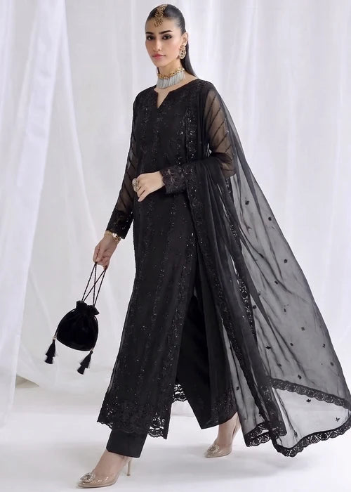 Shab-e-Zareen Black Chiffon Embroidered 3 Piece Straight Kurta Suit Ready to Wear Pakistani Festive Party Wear Women's Outfit
