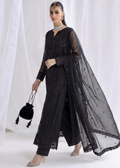 Shab-e-Zareen Black Chiffon Embroidered 3 Piece Straight Kurta Suit Ready to Wear Pakistani Festive Party Wear Women's Outfit