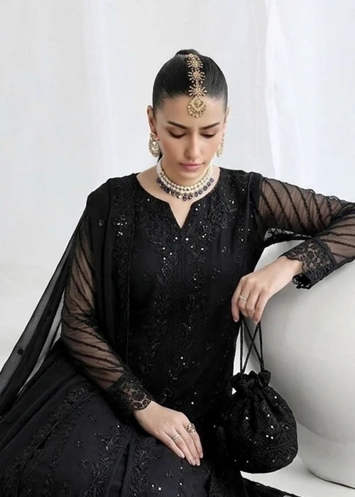 Shab-e-Zareen Black Chiffon Embroidered 3 Piece Straight Kurta Suit Ready to Wear Pakistani Festive Party Wear Women's Outfit