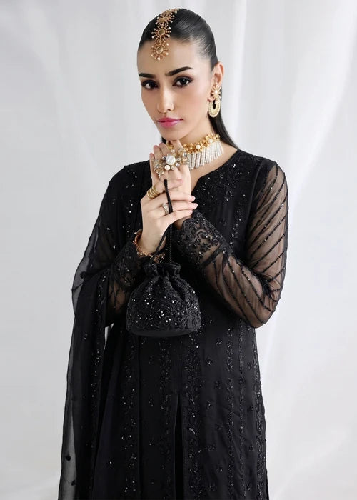 Shab-e-Zareen Black Chiffon Embroidered 3 Piece Straight Kurta Suit Ready to Wear Pakistani Festive Party Wear Women's Outfit