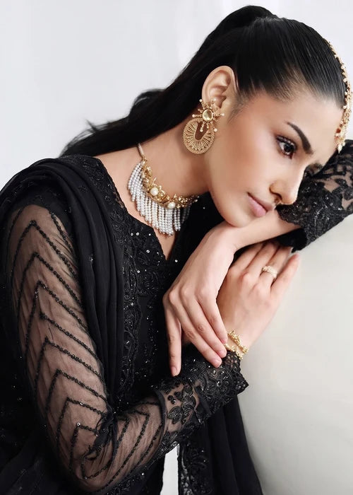 Shab-e-Zareen Black Chiffon Embroidered 3 Piece Straight Kurta Suit Ready to Wear Pakistani Festive Party Wear Women's Outfit