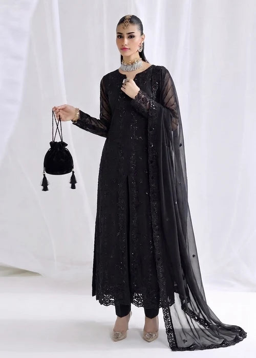 Shab-e-Zareen Black Chiffon Embroidered 3 Piece Straight Kurta Suit Ready to Wear Pakistani Festive Party Wear Women's Outfit