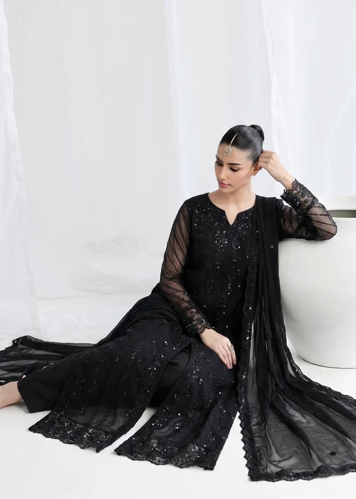 Shab-e-Zareen Black Chiffon Embroidered 3 Piece Straight Kurta Suit Ready to Wear Pakistani Festive Party Wear Women's Outfit
