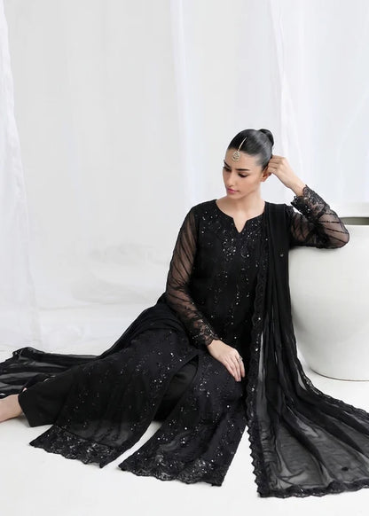 Shab-e-Zareen Black Chiffon Embroidered 3 Piece Straight Kurta Suit Ready to Wear Pakistani Festive Party Wear Women's Outfit