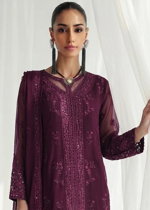 Anarkali Zareen Plum Chiffon Embroidered Straight Cut Kurta Suit Ready to Wear Pakistani Festive Party Wear Women's Outfit