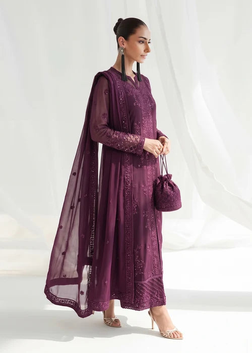 Anarkali Zareen Plum Chiffon Embroidered Straight Cut Kurta Suit Ready to Wear Pakistani Festive Party Wear Women's Outfit