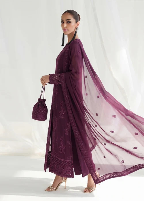 Anarkali Zareen Plum Chiffon Embroidered Straight Cut Kurta Suit Ready to Wear Pakistani Festive Party Wear Women's Outfit