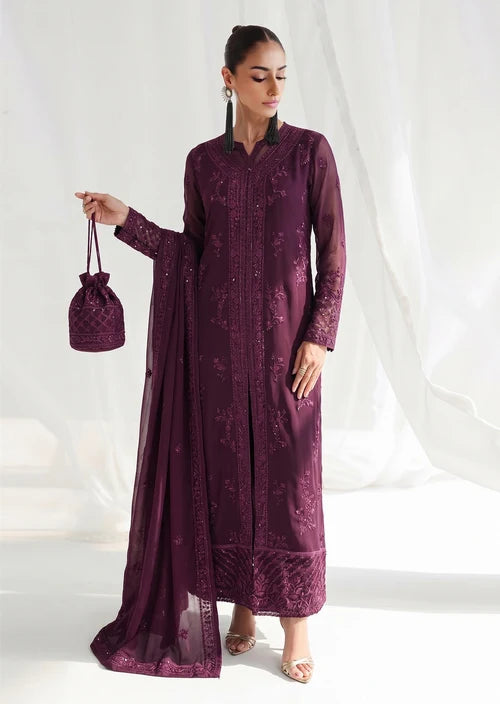 Anarkali Zareen Plum Chiffon Embroidered Straight Cut Kurta Suit Ready to Wear Pakistani Festive Party Wear Women's Outfit