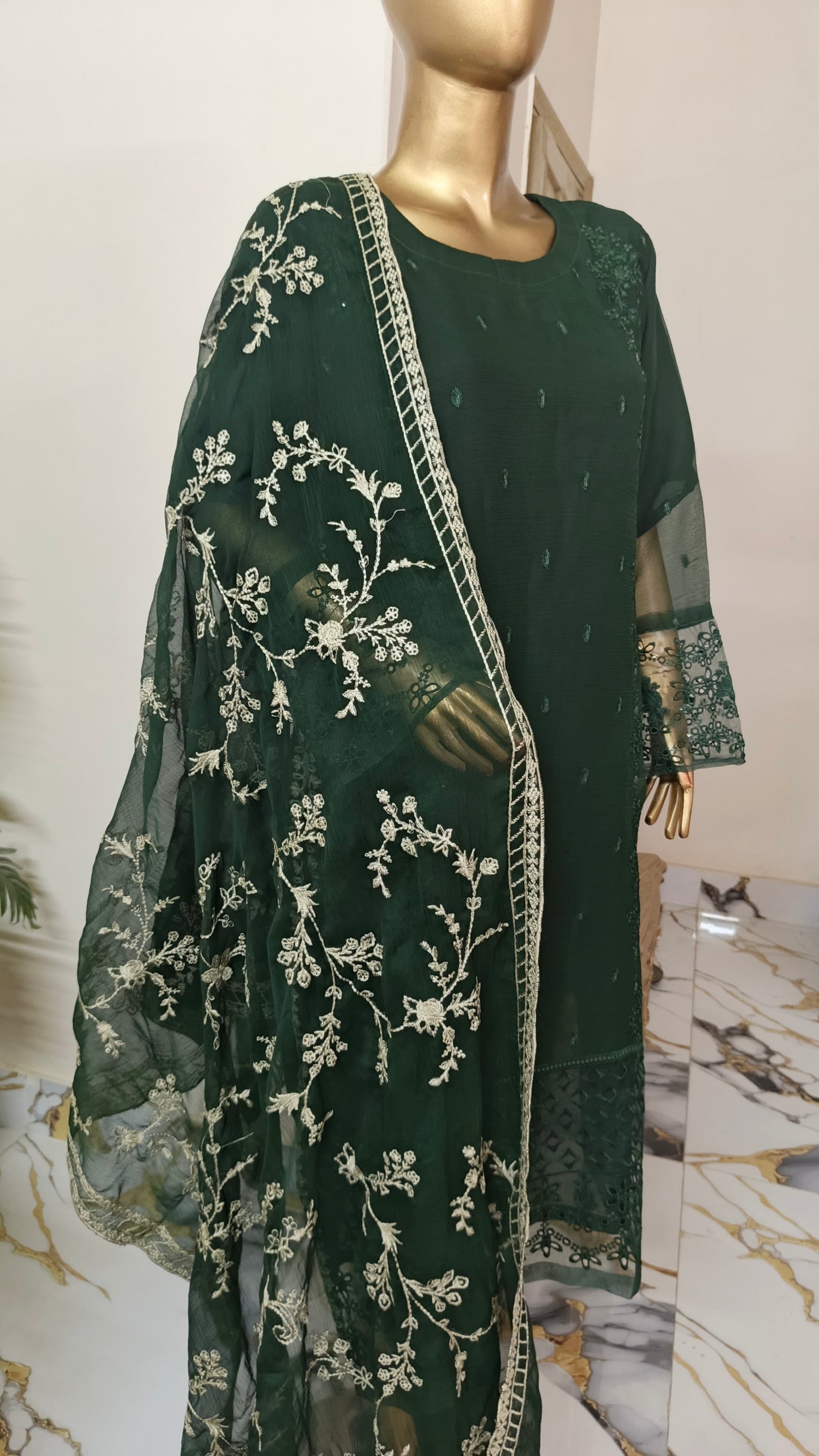 PRL GREEN Chiffon 3 piece ready to wear traditional suit - women wear - embroidered shirt & Duppatta - Katan Silk Trouser