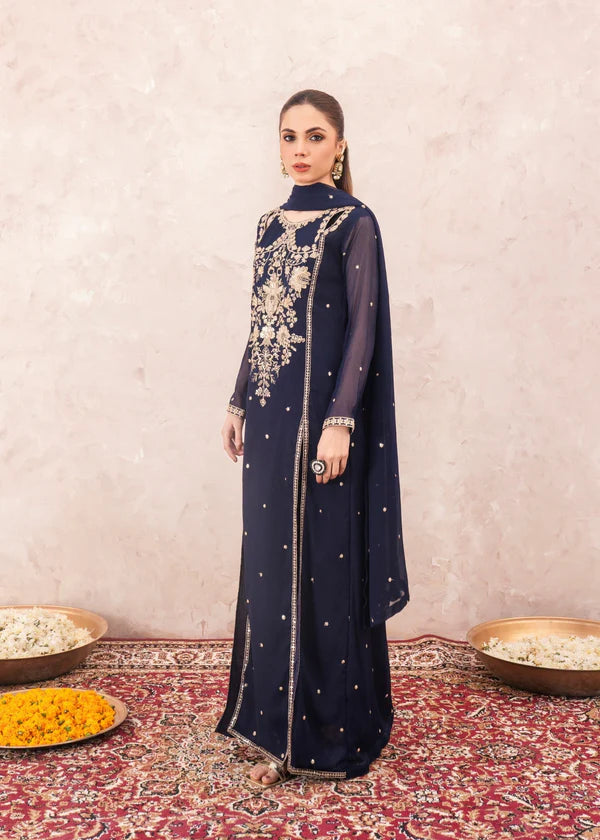LULU (Blue) Slit style chiffon (watch video) Embroidered womenswear 3 piece ready to wear suit