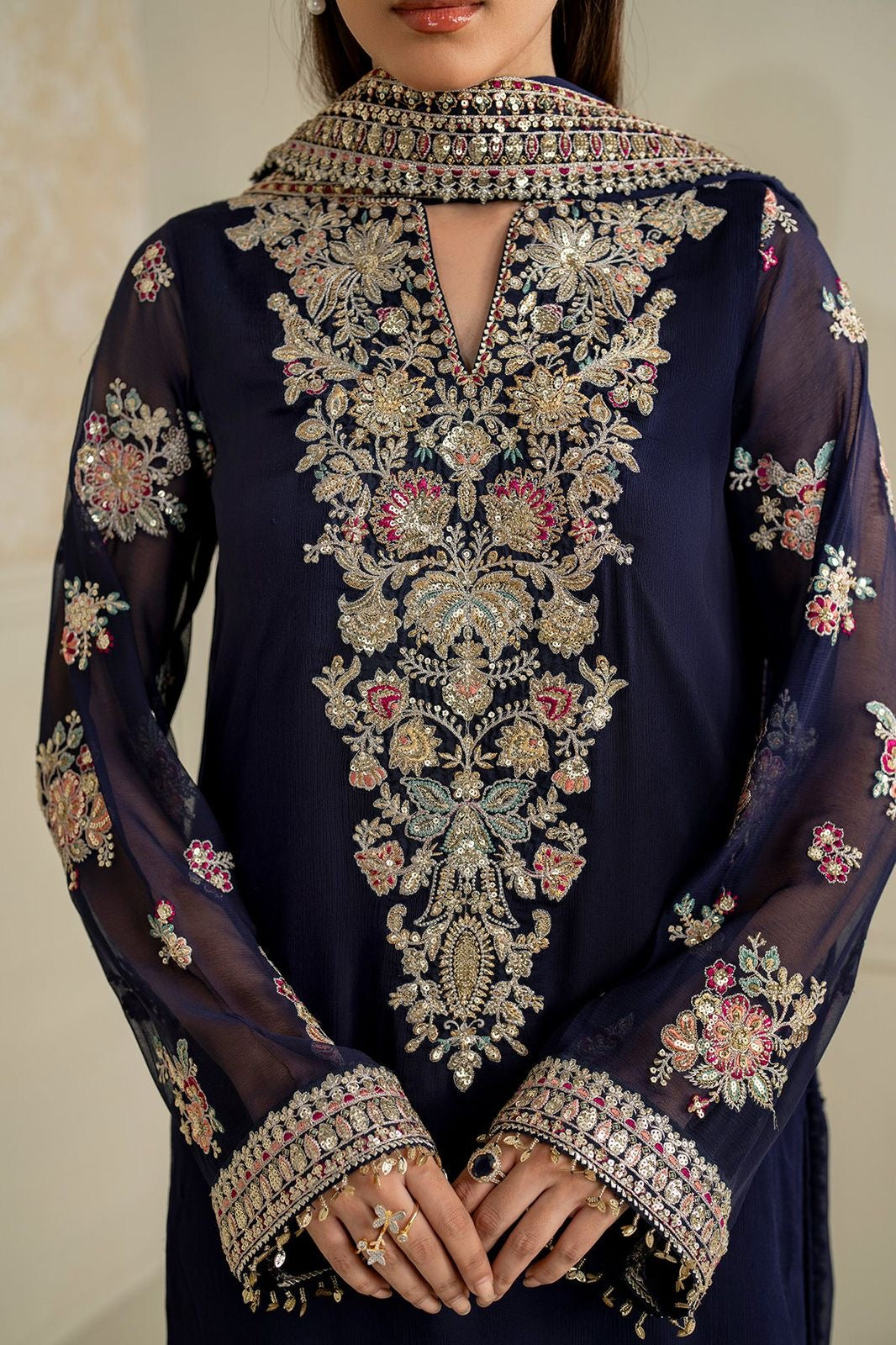 Robina Luxury Blue classy Chiffon Heavy embroidered Neckline 3 piece ready to wear traditional embroidered asian stylish womenswear outfit - Watch video