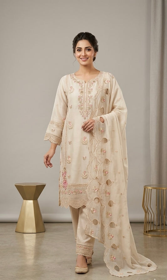 Cyra Handwork pearls & beads with 3D Flowers Shirt Luxury Chiffon 3 piece ready to wear traditional suit womenwear clothes