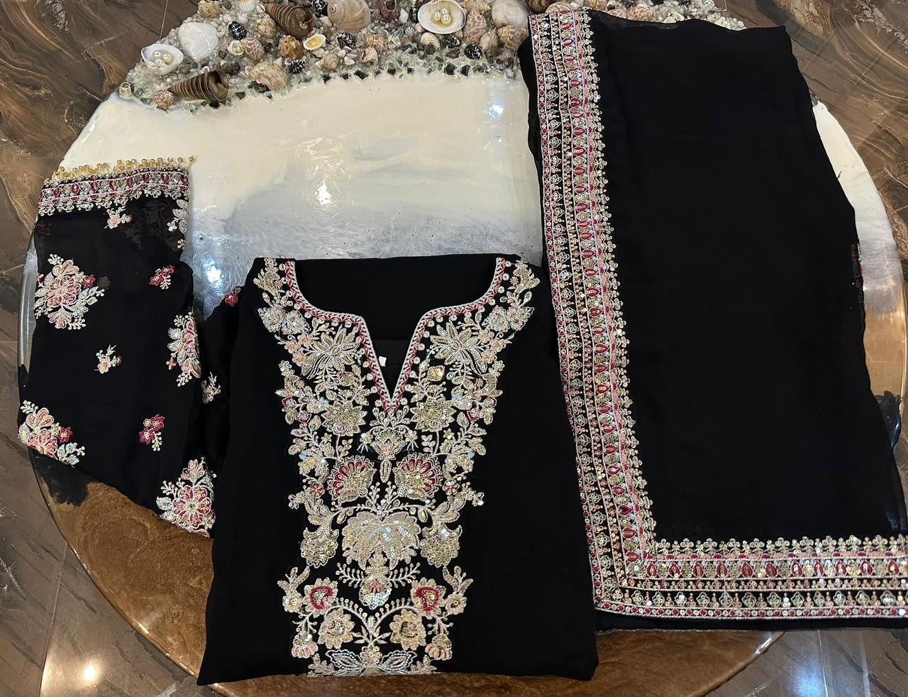 Humara Luxury BLACK classy Chiffon Heavy embroidered Neckline 3 piece ready to wear traditional embroidered asian stylish womenswear outfit - (Watch video)