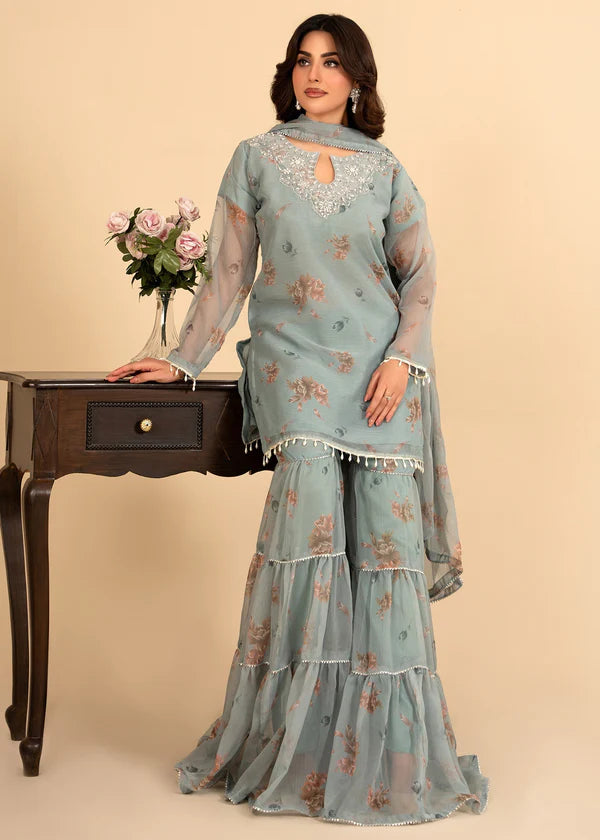 RANI luxury chiffon Embroidered Flared Gharara womenswear 3 piece ready to wear suit