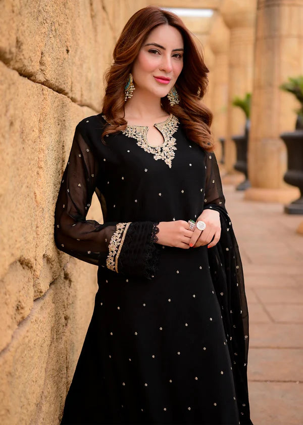 SAJAL BLACK Luxury classy style Chiffon 3 piece ready to wear traditional embroidered asian suit stylish womenswear outfit - Shirt Length 39”-40”