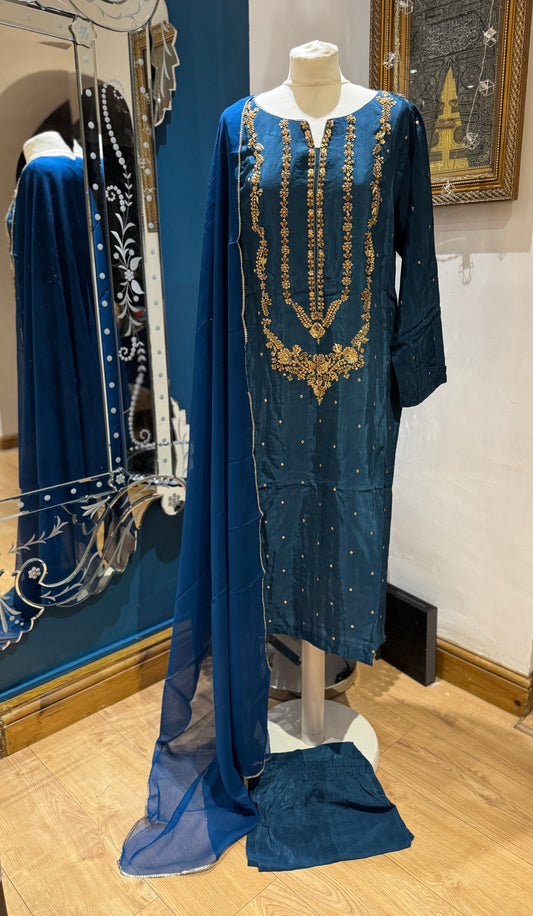 Bluey Silk 3 piece ready to wear traditional handwork stylish womenswear outfit
