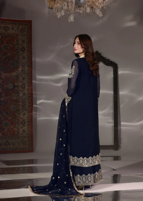 ABAAN ZOHAN Andaz Luxury Navy Blue Embroidered PK Chiffon Long Kurta Suit Ready to Wear Pakistani Festive Party Wear Women's Outfit