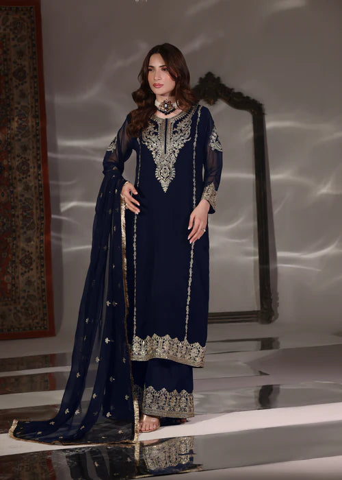 ABAAN ZOHAN Andaz Luxury Navy Blue Embroidered PK Chiffon Long Kurta Suit Ready to Wear Pakistani Festive Party Wear Women's Outfit