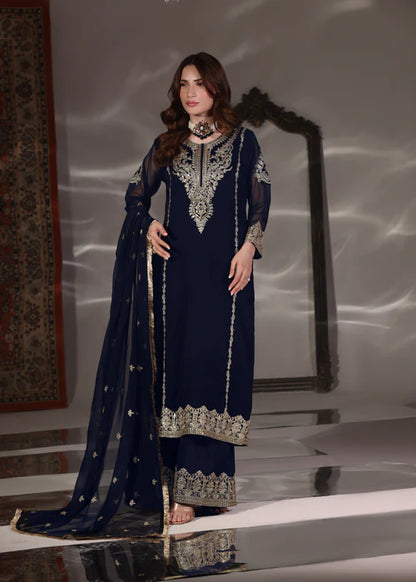 ABAAN ZOHAN Andaz Luxury Navy Blue Embroidered PK Chiffon Long Kurta Suit Ready to Wear Pakistani Festive Party Wear Women's Outfit