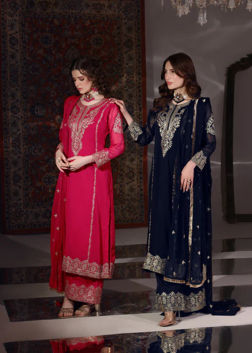 ABAAN ZOHAN Andaz Luxury Navy Blue Embroidered PK Chiffon Long Kurta Suit Ready to Wear Pakistani Festive Party Wear Women's Outfit