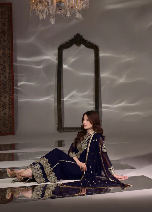 ABAAN ZOHAN Andaz Luxury Navy Blue Embroidered PK Chiffon Long Kurta Suit Ready to Wear Pakistani Festive Party Wear Women's Outfit