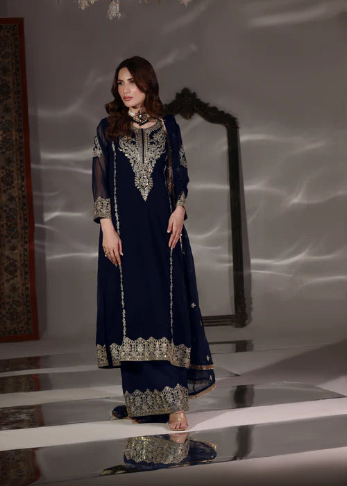 DILROBA Andaz Luxury Navy Blue Embroidered PK Chiffon Long Kurta Suit Ready to Wear Pakistani Festive Party Wear Women's Outfit